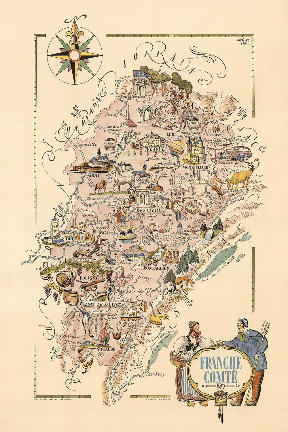 Alte Bildkarte der Franche-Comté von Liozu, 1951: Besançon, Belfort, Montbéliard, Flüsse, Burgen