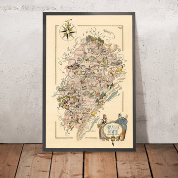 Carte ancienne picturale de Franche-Comté par Liozu, 1951 : Besançon, Belfort, Montbéliard, Rivières, Châteaux