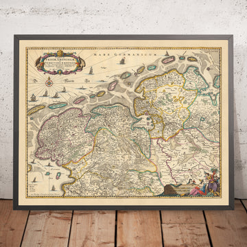 Mapa antiguo de Frisia y Groninga por Visscher, 1690: Oldenburg, Zwolle, Leeuwarden, Emmen, Kampen