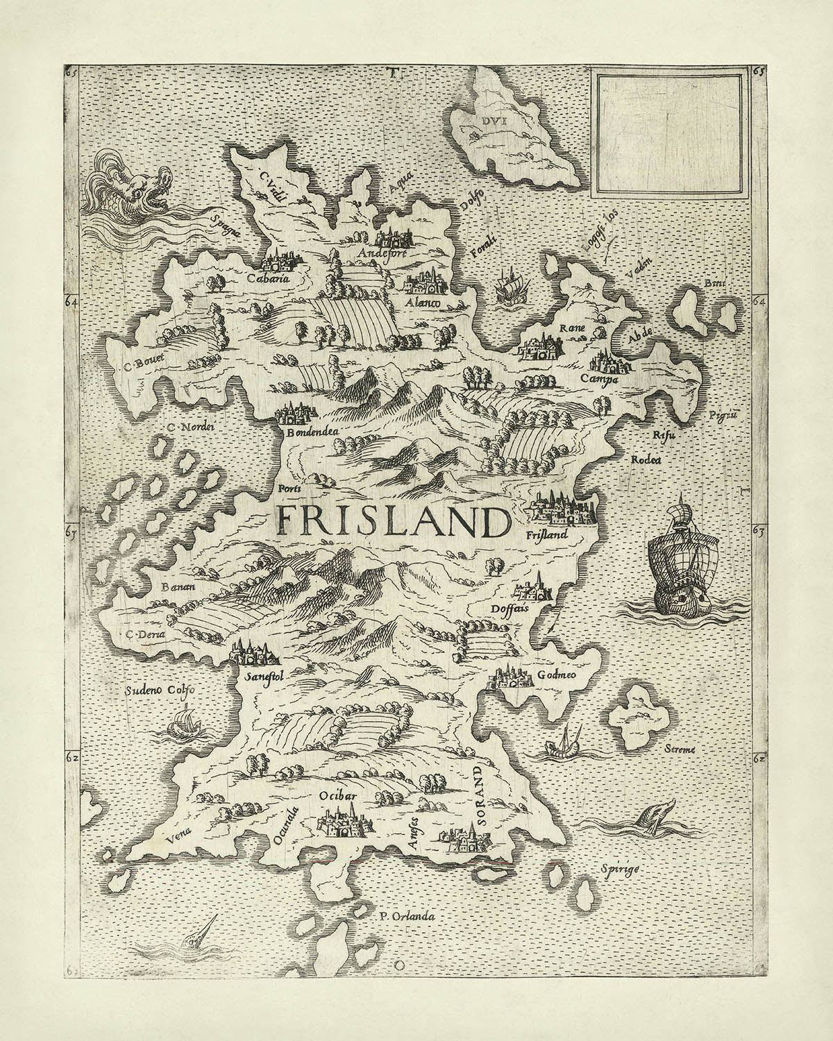 Mapa antiguo de Frisia de Bertelli, 1560: Andoforte, Alanto, criaturas marinas, montañas, tierras de cultivo