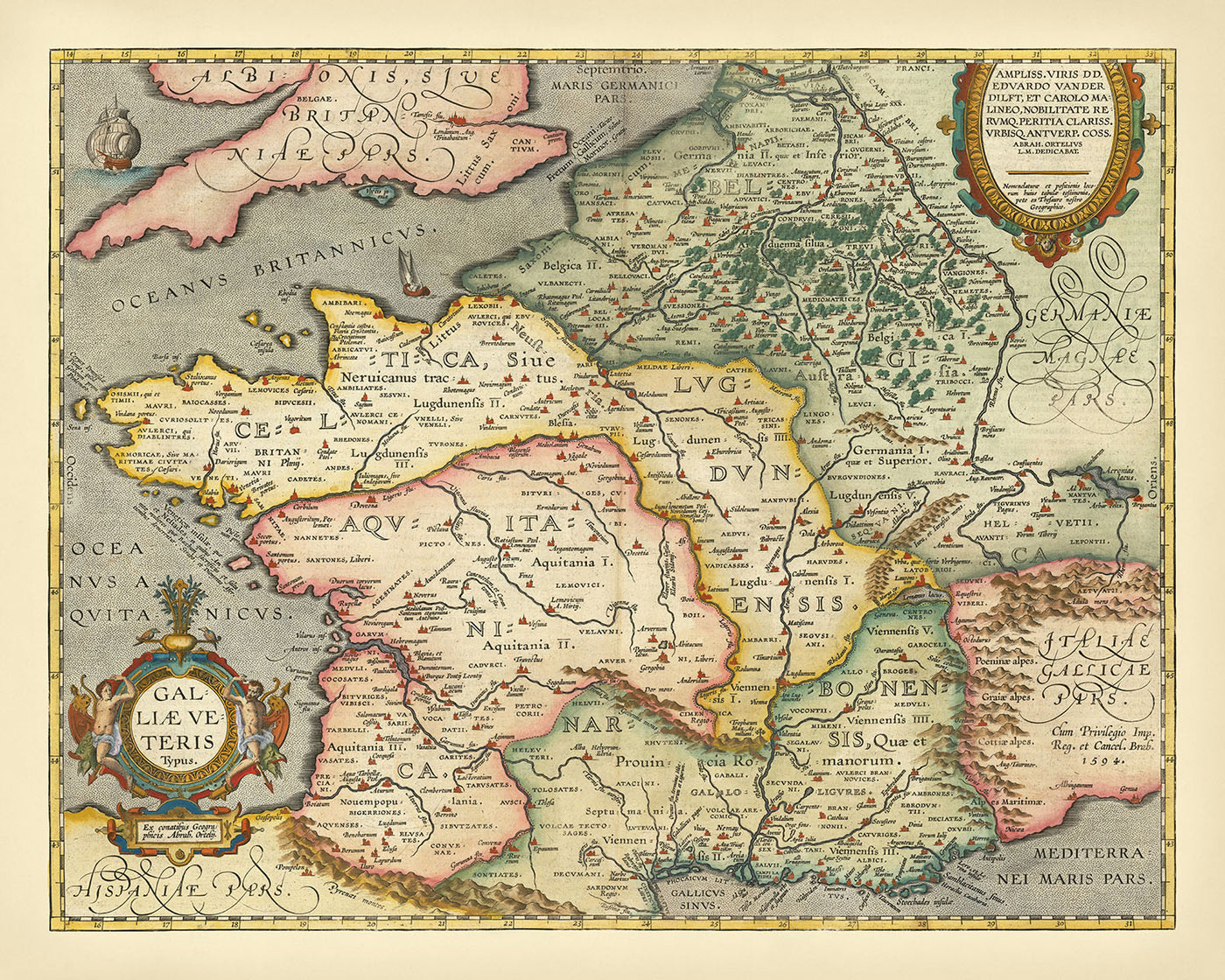 Mapa antiguo de Francia de Ortelius, 1624: París, Lyon, Pirineos, Alpes, Mar Mediterráneo