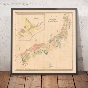 Carte géologique rare du Japon par Fesca & Harada, 1885 : Première carte géologique, légende détaillée, cartographie pionnière 