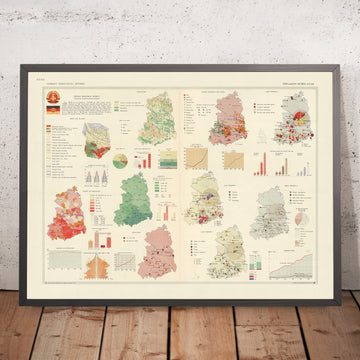 Mappa infografica antica della Repubblica Democratica Tedesca, 1967: Popolazione, Industria, Commercio Estero 