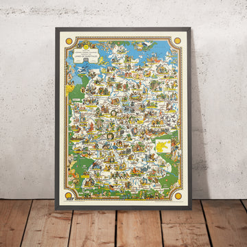 Mapa antiguo de cuentos de hadas alemanes, 1960: Caperucita Roja, Hansel y Gretel, Cuentos de Grimm, Deutsche Bundesbahn 