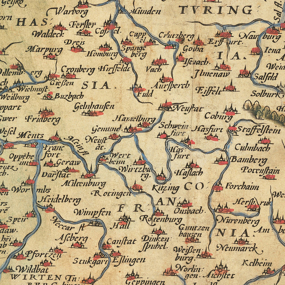 Ancienne carte de l'Allemagne par Ortelius, 1573 : Rhin, Elbe, Danube, Alpes, mer Baltique