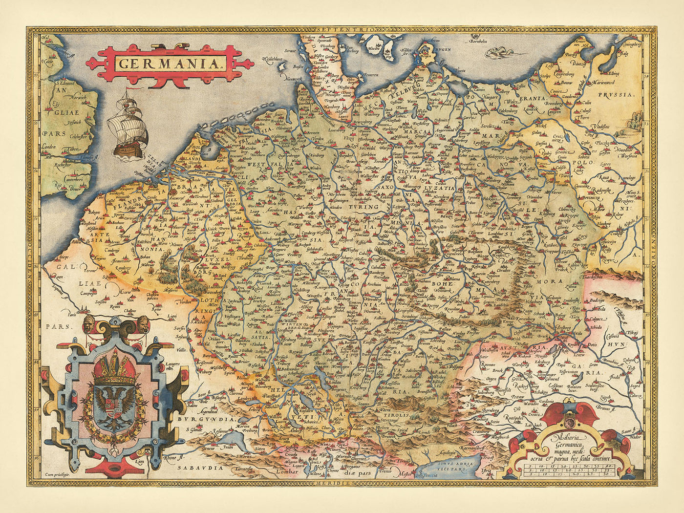 Ancienne carte de l'Allemagne par Ortelius, 1573 : Rhin, Elbe, Danube, Alpes, mer Baltique