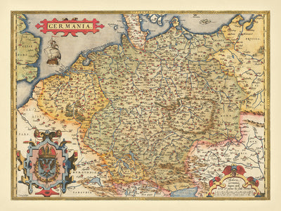 Alte Deutschlandkarte von Ortelius, 1573: Rhein, Elbe, Donau, Alpen, Ostsee