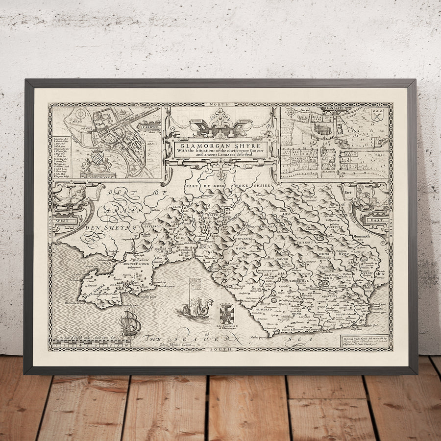 Old Monochrome Map of Glamorgan, Wales, 1611 by John Speed - Cardiff, Swansea, Bridgend, Port Talbot, Barry