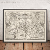 Old monochrome Carte of Glamorgan, Wales, 1611 par John Speed ​​- Cardiff, Swansea, Bridgend, Port Talbot, Barry