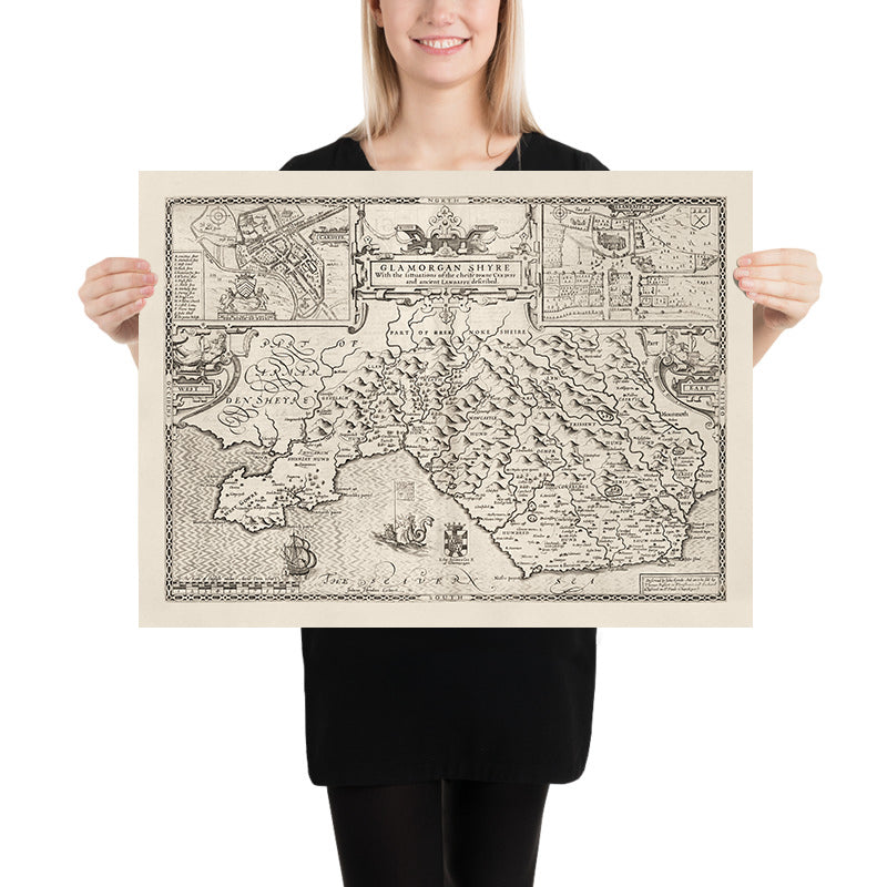 Old Monochrome Map of Glamorgan, Wales, 1611 by John Speed - Cardiff, Swansea, Bridgend, Port Talbot, Barry