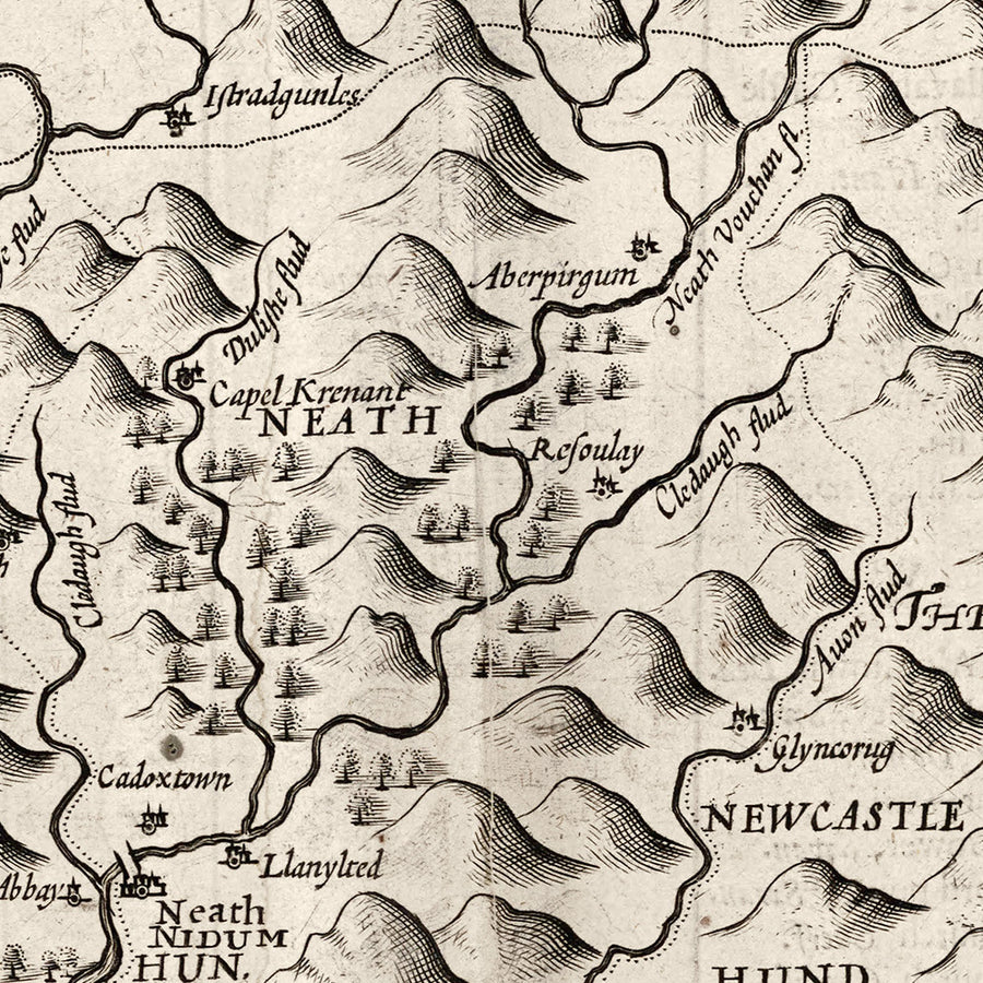 Old Monochrome Map of Glamorgan, Wales, 1611 by John Speed - Cardiff, Swansea, Bridgend, Port Talbot, Barry