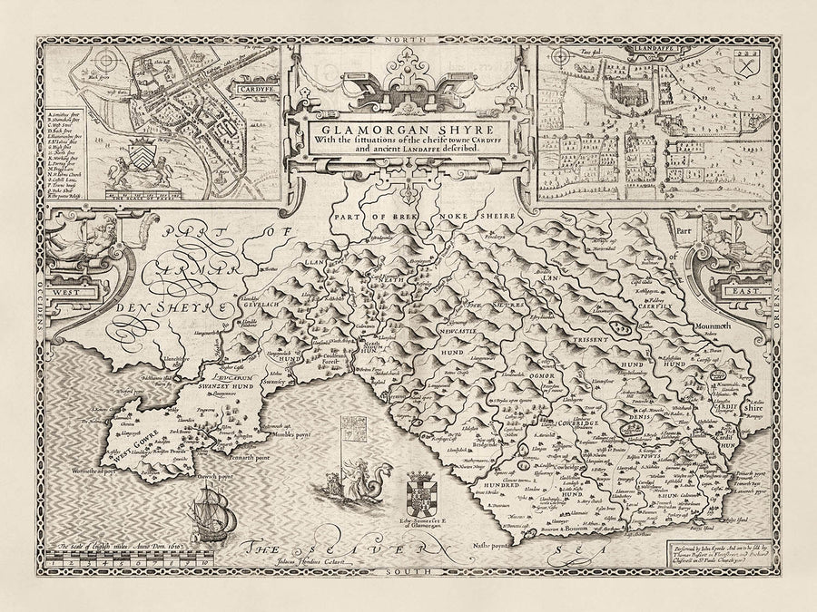 Old Monochrome Map of Glamorgan, Wales, 1611 by John Speed - Cardiff, Swansea, Bridgend, Port Talbot, Barry