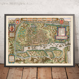 Mappa antica di Birdseye di Goa di Linschoten, 1596: Porto, Fortificazioni, Chiese, Centro Città, Laghi 