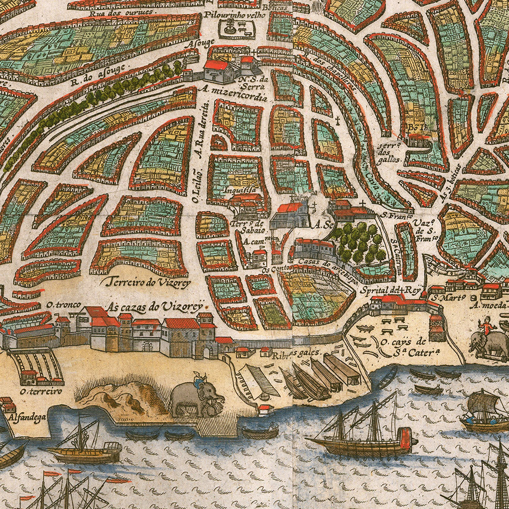 Old Birdseye Map of Goa by Linschoten, 1596: Harbor, Fortifications, Churches, City Center, Lakes