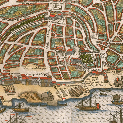 Mapa antiguo de Goa a vista de pájaro de Linschoten, 1596: puerto, fortificaciones, iglesias, centro de la ciudad, lagos