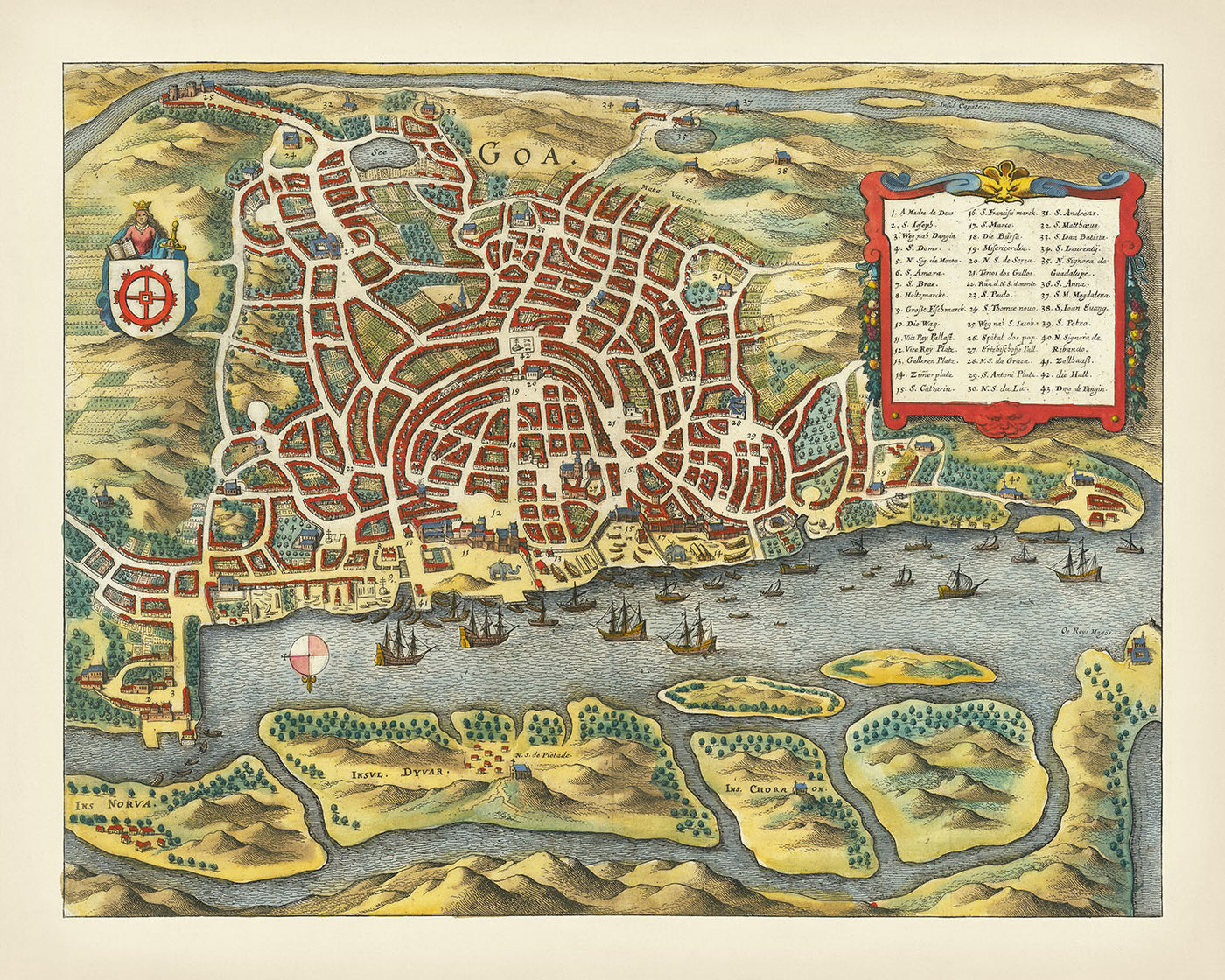 Mapa antiguo de Goa a vista de pájaro realizado por Merian, 1650: isla Divar, iglesia de San Francisco, palacio del virrey, río Zuari, Ins. Chora