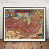 Ancienne carte picturale du Grand Canyon par Mora, 1931 : Bright Angel Trail, Phantom Ranch, Hopi House, El Tovar, Temple de Vishnu
