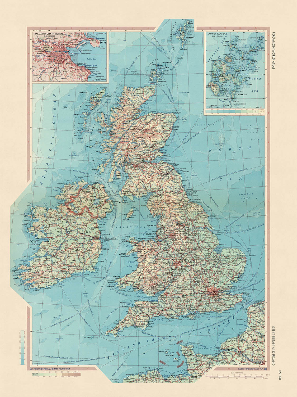Ancienne carte de la Grande-Bretagne et de l'Irlande, 1967 : Londres, Glasgow, Édimbourg, parc national de Snowdonia, Tamise