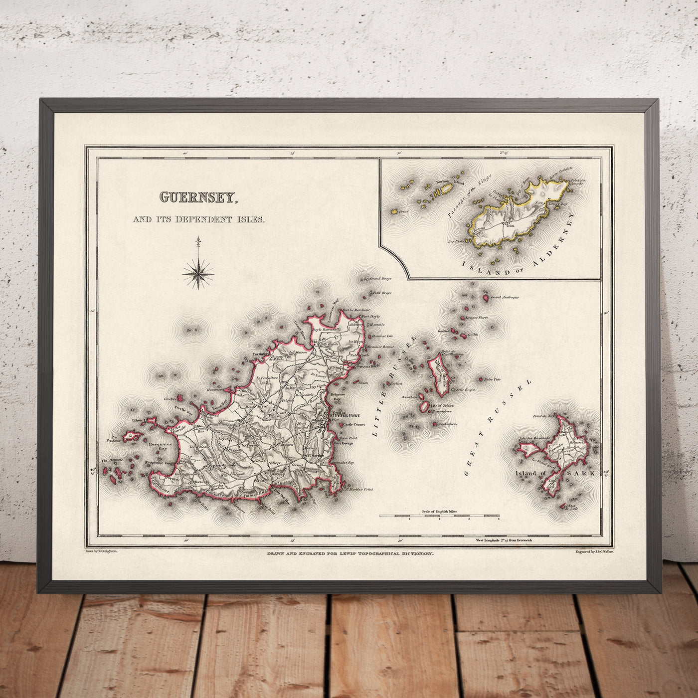 Mapa antiguo de Guernsey por Samuel Lewis, 1844: St. Peter Port, St. Sampson, Vale, Castel, Sark