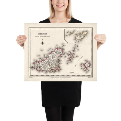 Mapa antiguo de Guernsey por Samuel Lewis, 1844: St. Peter Port, St. Sampson, Vale, Castel, Sark