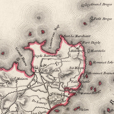 Mapa antiguo de Guernsey por Samuel Lewis, 1844: St. Peter Port, St. Sampson, Vale, Castel, Sark