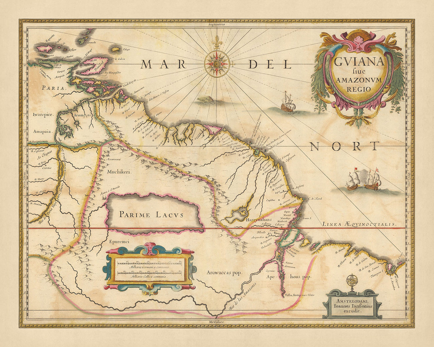 Mapa antiguo de Guayana el Amazonas por Nicolaes Visscher II, 1690: Trinidad y Tobago, Surinam, Amapá, Pará, Guyana