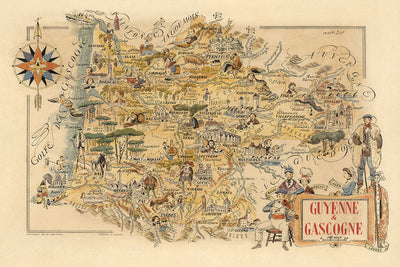 Old Pictorial Map of Guyenne & Gascogne by Liozu, 1951: Bordeaux, Pau, Château de Pau, Tarbes, Agen