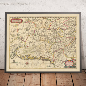 Old Map of Guyenne, France by Visscher, 1690: Toulouse, Bordeaux, Donostia-San-Sebastian, Pau, Pyrénées