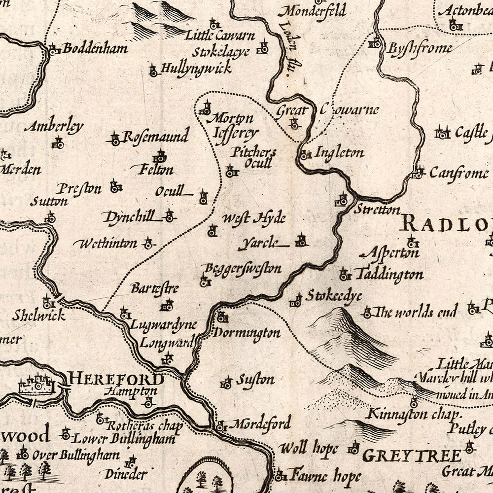 Mapa antiguo de Herefordshire por Speed, 1611: Hereford, Leominster, río Wye, batalla, escudos de armas
