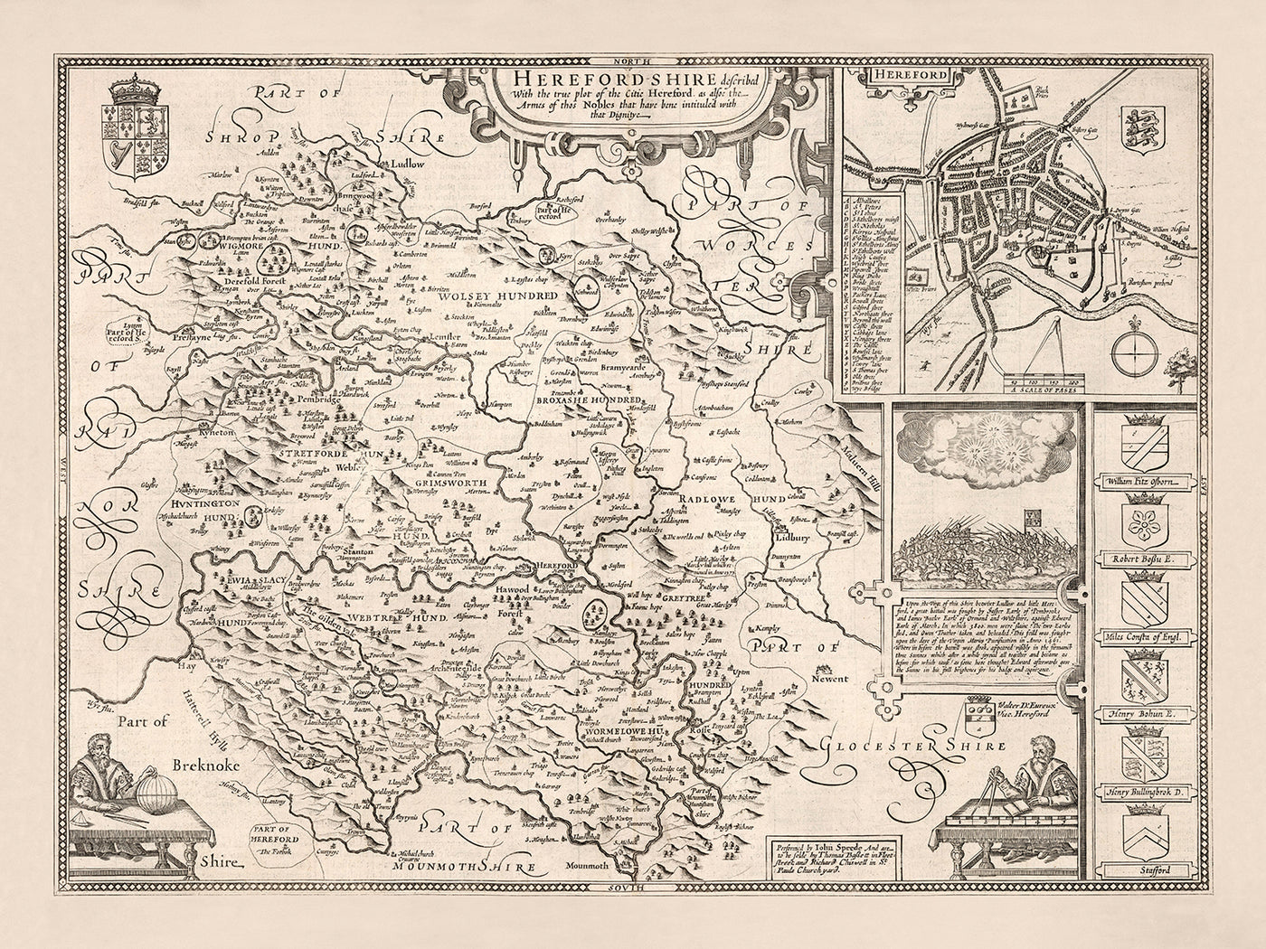 Mapa antiguo de Herefordshire por Speed, 1611: Hereford, Leominster, río Wye, batalla, escudos de armas