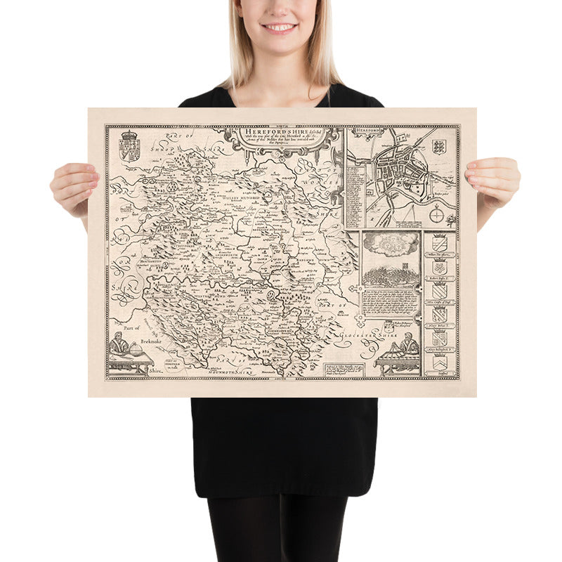 Alte Karte von Herefordshire von Speed, 1611: Hereford, Leominster, Fluss Wye, Schlacht, Wappen 