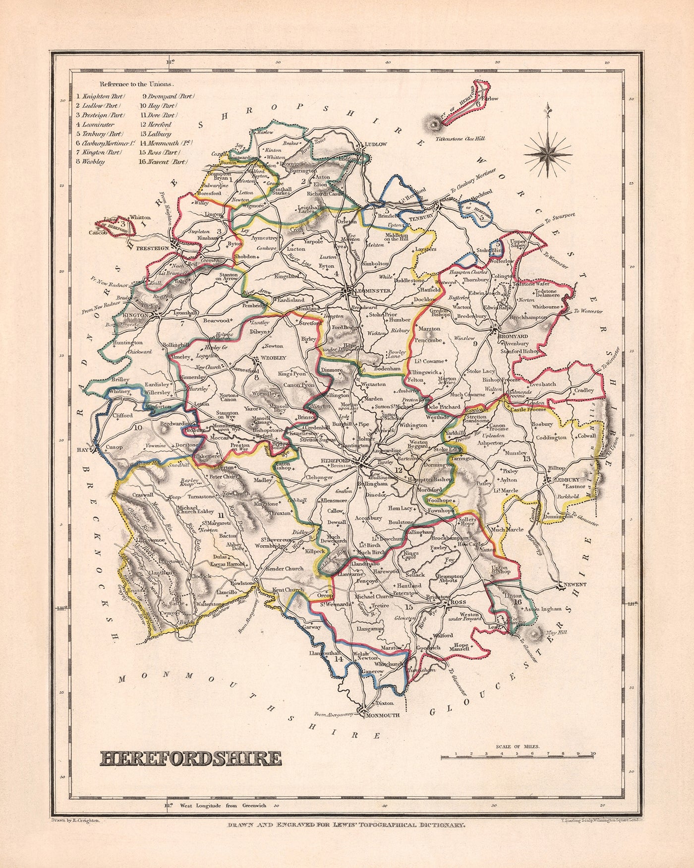 Mapa antiguo de Herefordshire por Samuel Lewis, 1844: Ledbury, Leominster, Ross-on-Wye, Bromyard, Hay-on-Wye