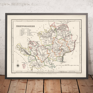 Mapa antiguo de Hertfordshire por Samuel Lewis, 1844: St Albans, Watford, Hemel Hempstead, Stevenage, Hitchin