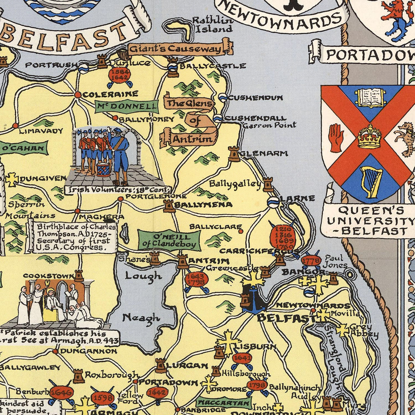 Old Pictorial Map of Ireland by Bullock, 1955: Historic Battles, Family Names, Coats of Arms