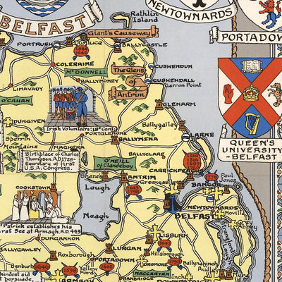 Old Pictorial Map of Ireland by Bullock, 1955: Historic Battles, Family Names, Coats of Arms