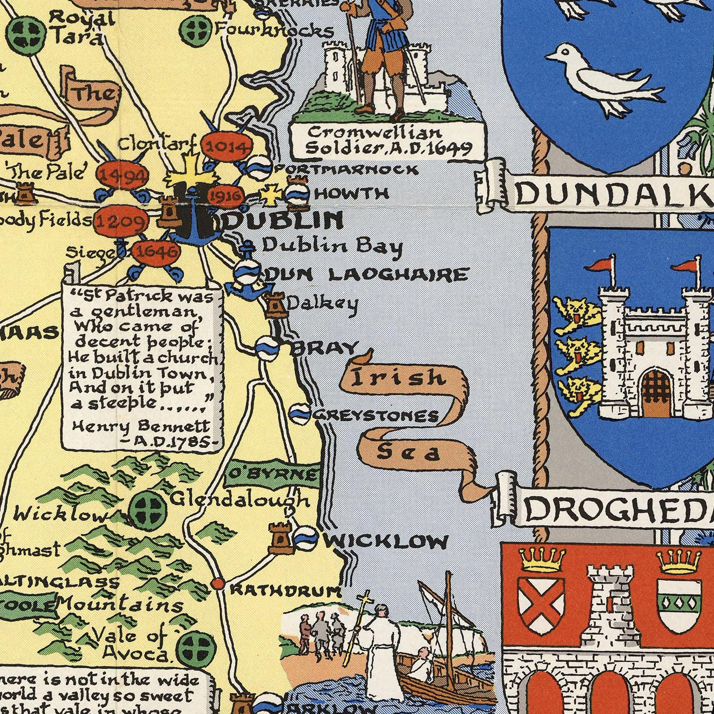 Old Pictorial Map of Ireland by Bullock, 1955: Historic Battles, Family Names, Coats of Arms