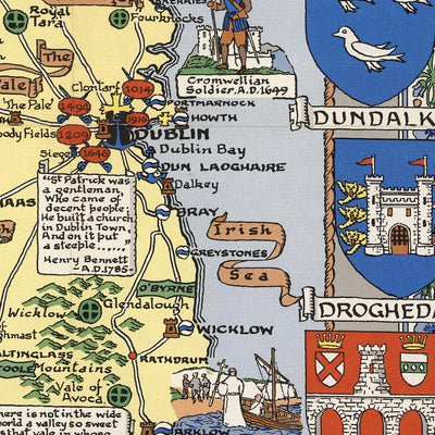 Old Pictorial Map of Ireland by Bullock, 1955: Historic Battles, Family Names, Coats of Arms
