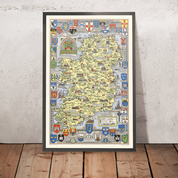 Alter bildlicher Stadtplan von Irland von Bullock, 1955: Historische Schlachten, Familiennamen, Wappen 