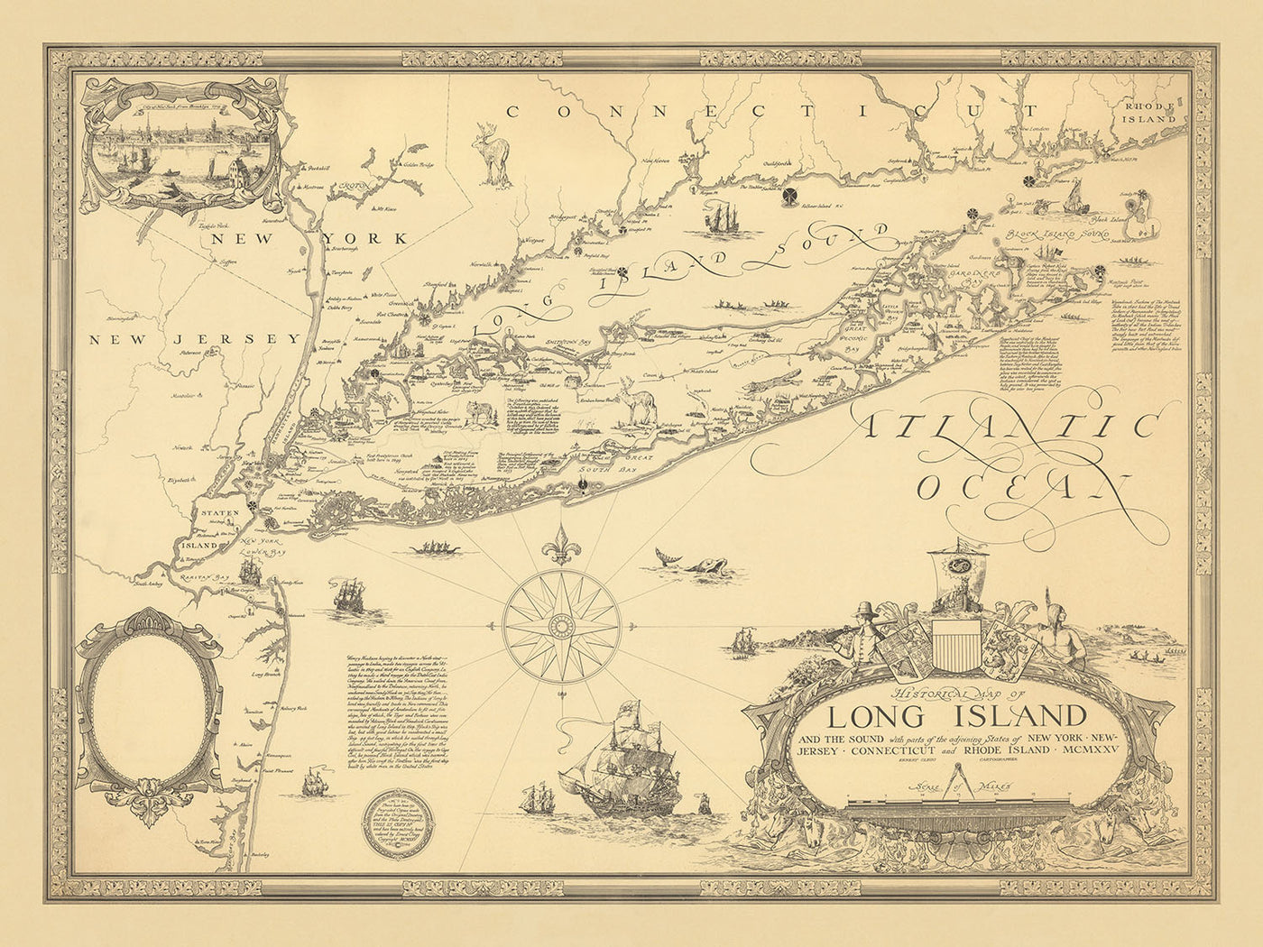 Old Historical Map of Long Island by Clegg, 1925: New York City, Sound, Early Settlements