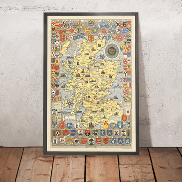 Antigua Mapa Histórico de Escocia por Bullock, 1950: Clanes, Tartanes, Batallas, Castillos, Vida Silvestre, Escudos de Armas 