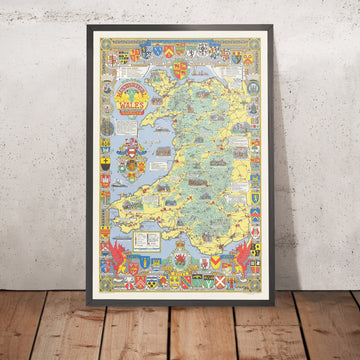 Old Pictorial Map of Wales by Bullock, 1966: Castles, Cathedrals, Battles, Coats of Arms