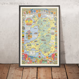 Old Pictorial Map of Wales by Bullock, 1966: Castles, Cathedrals, Battles, Coats of Arms