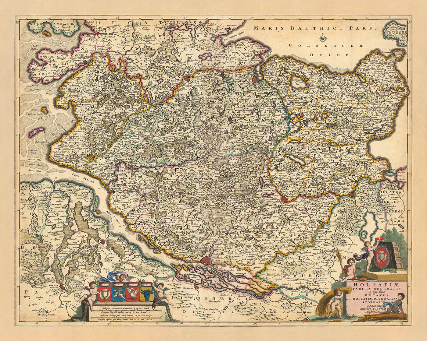 Mapa antiguo de Holstein de Visscher, 1690: Hamburgo, Lübeck, Kiel, Rendsburg, Neumünster