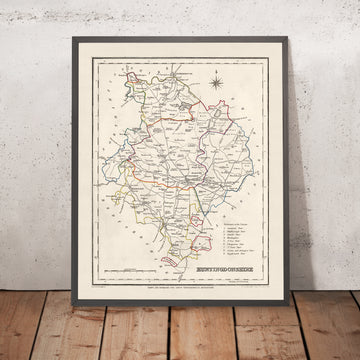 Mapa antiguo de Huntingdonshire por Samuel Lewis, 1844: St. Ives, St. Neots, Ramsey, Godmanchester y Kimbolton