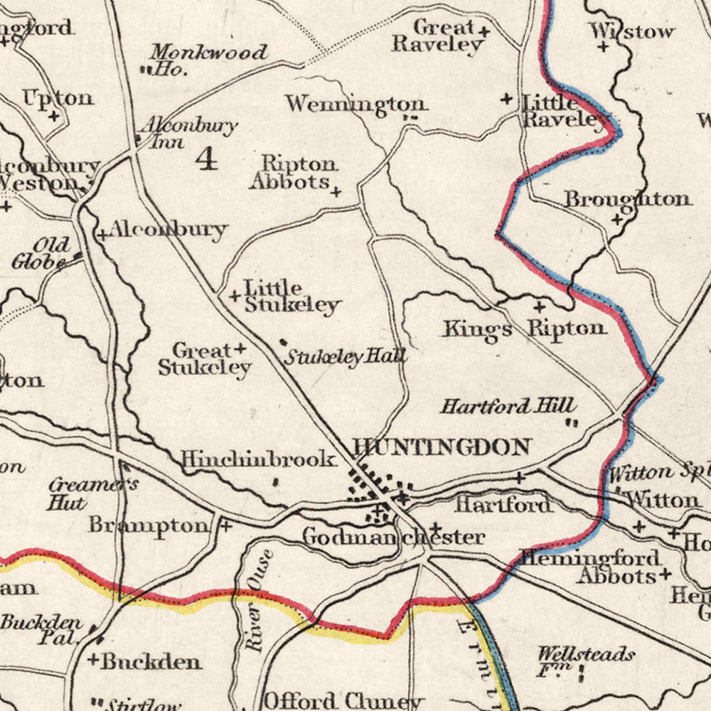 Old Map of Huntingdonshire by Samuel Lewis, 1844: St. Ives, St. Neots, Ramsey, Godmanchester, and Kimbolton