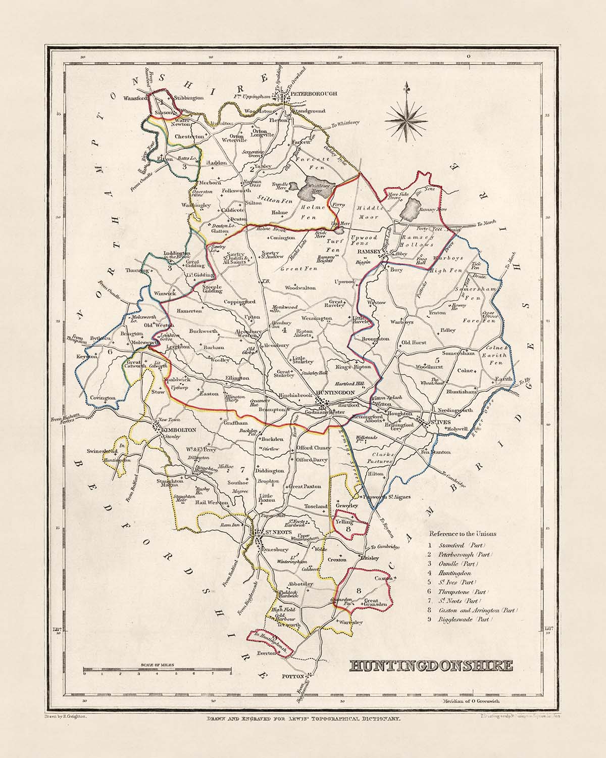 Old Map of Huntingdonshire by Samuel Lewis, 1844: St. Ives, St. Neots, Ramsey, Godmanchester, and Kimbolton
