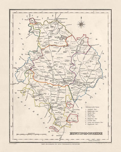 Old Map of Huntingdonshire by Samuel Lewis, 1844: St. Ives, St. Neots, Ramsey, Godmanchester, and Kimbolton
