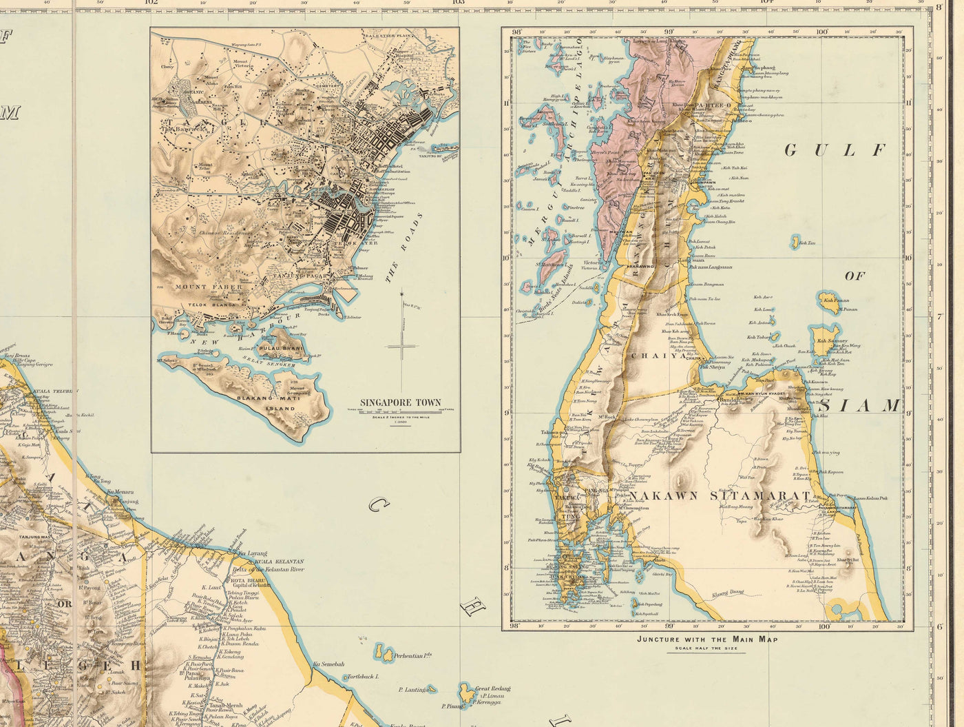 Antiguo mapa de la Península Malaya en 1898 por Cuylenburg & Stanford - Malasia, Tailandia, Singapur, Johor, Malaca