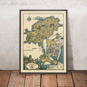 Old Map of Ibiza and Formentera, 1934: Pictorial Chart of Tourist Attractions, Landmarks, Mediterranean