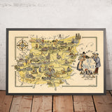 Old Pictorial Map of Ile de France by Liozu, 1951: Paris, Versailles, Notre-Dame, Fontainebleau, Chartres
